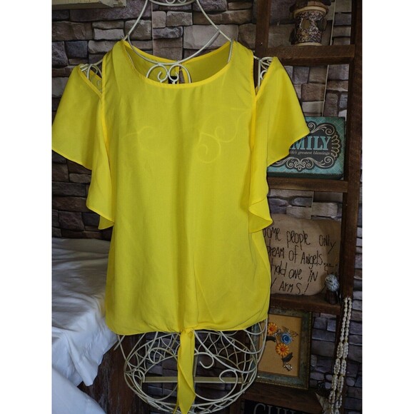 5/$25 EUC Sz Med A. Byer Bright Yellow Colored Cold Shoulder Top Blouse - Picture 1 of 6